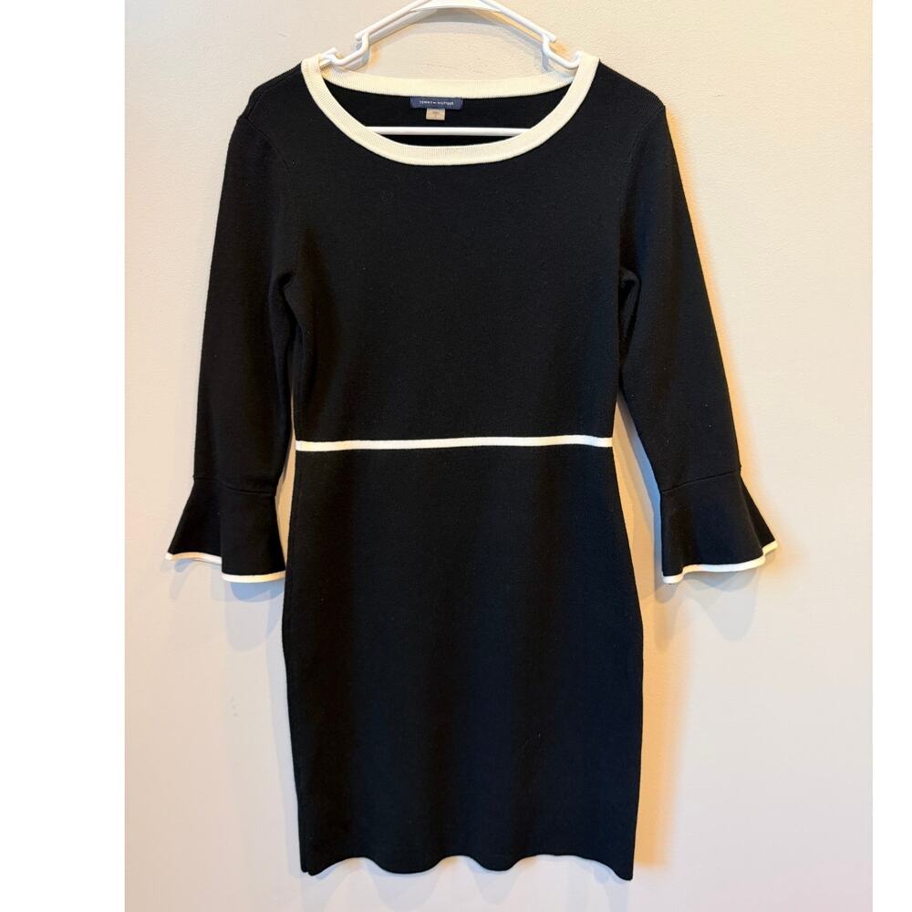 Tommy Hilfiger Contrast Trim 3/4 Bell Sleeve Knit Sweater Dress Small Old Money